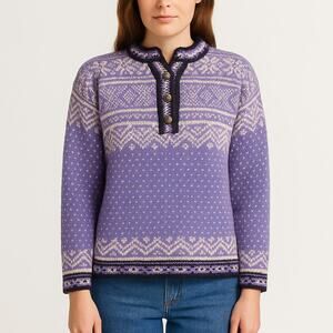 L.L.Bean Fair Isle Nordic Cotton Henley Sweater Purple 90s Vintage Women's Small